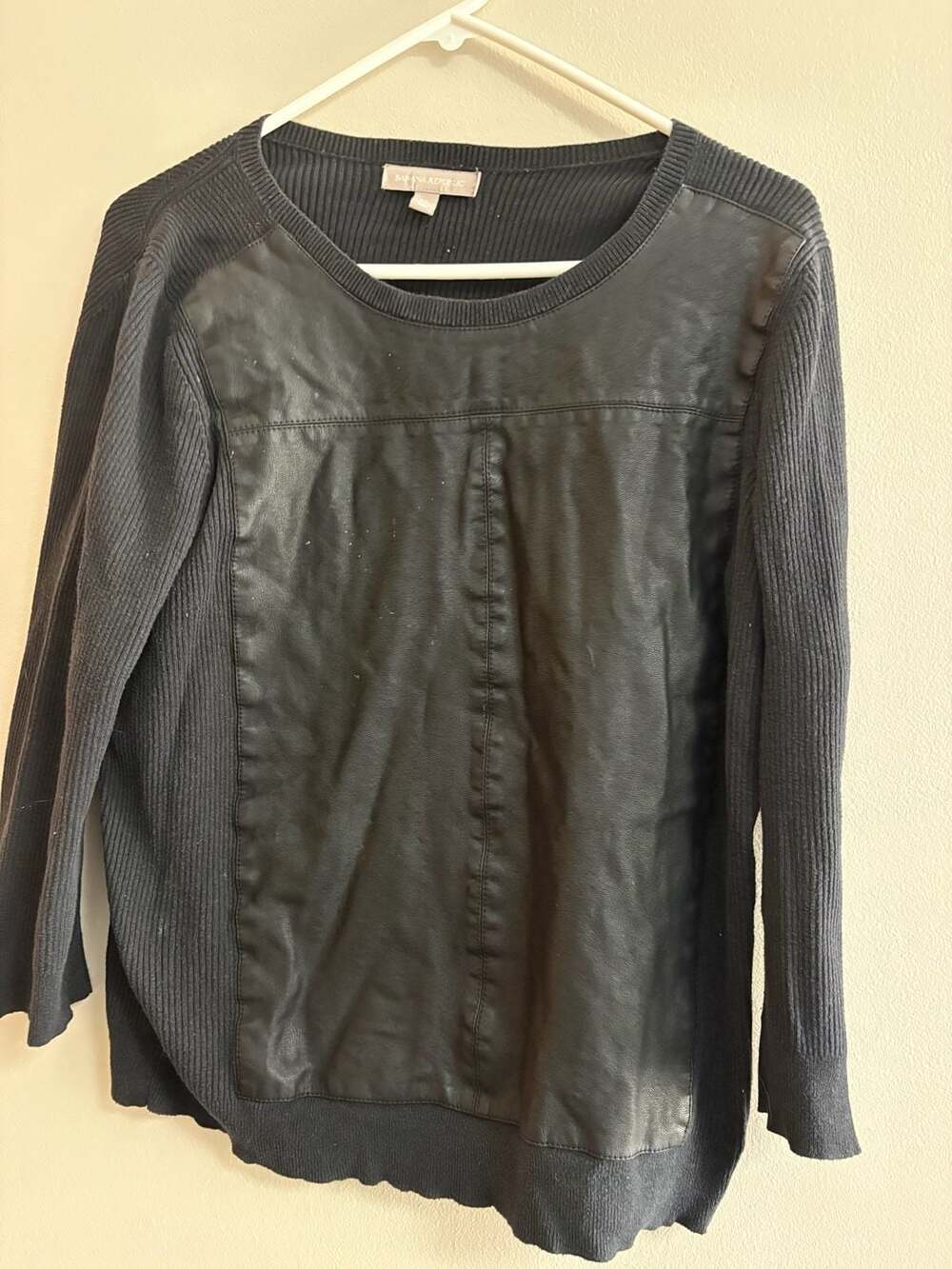 Banana Republic Black Ribbed Mixed Media Faux Leather Front Sweater Size XL